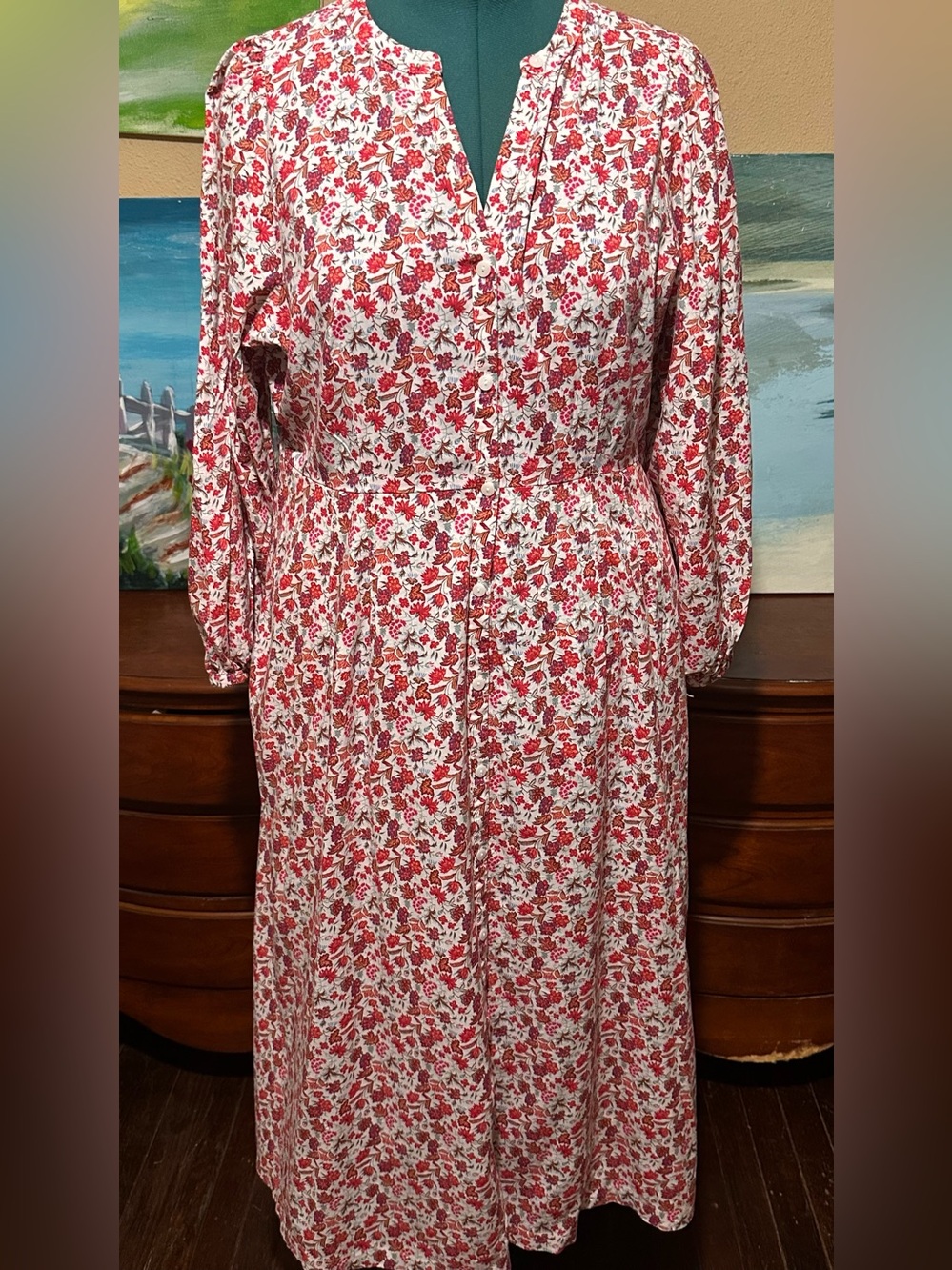 Universal Thread Floral Long-Sleeve Midi Dress in Red and White Size XL